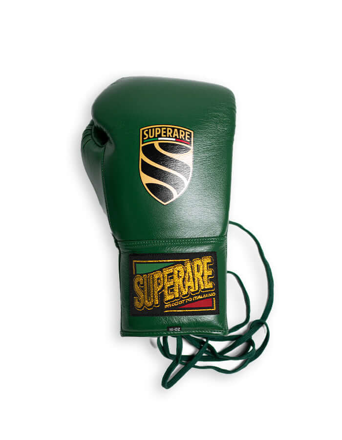 Superare S40 Boxing Gloves in Dinero Green, premium leather, designed for professional fighters, made in Italy.