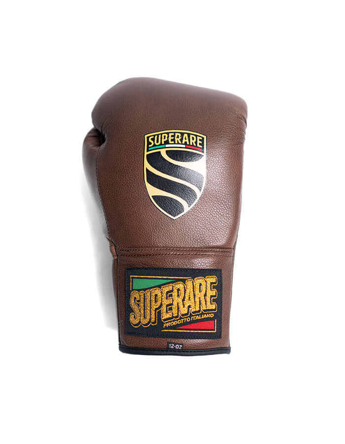 Superare S50 boxing glove in dark brown Italian leather, designed for fighters seeking uncompromising performance.