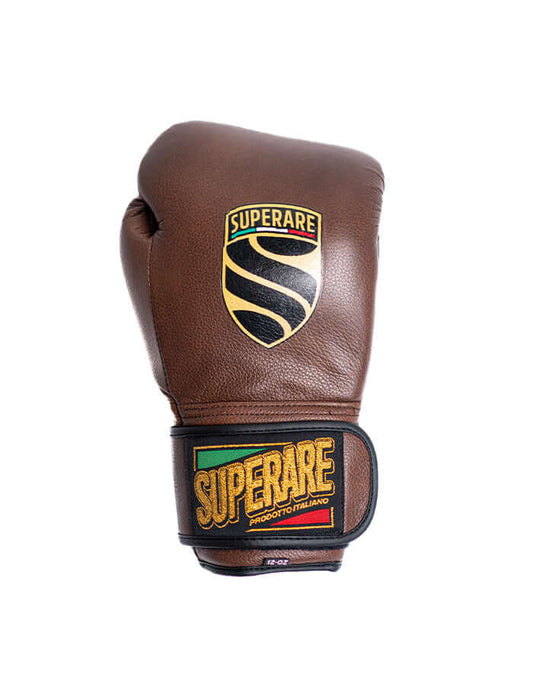 Superare S50 boxing glove in deep brown Italian leather, featuring bold logo, designed for professional fighters.