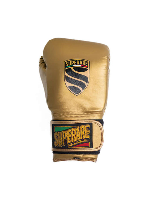 Superare S50 boxing gloves in gold, crafted from A-grade Italian leather, symbolizing excellence in combat sports.