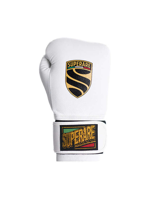 Superare S50 Boxing Gloves in white with logo, made of A-grade Italian leather, perfect for professional fighters.