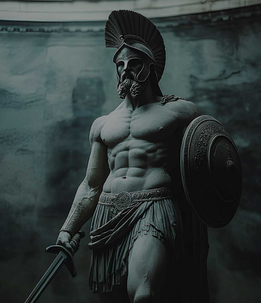 Statue of a muscular Spartan warrior in armor, holding a sword and shield, dramatic lighting and dark background.