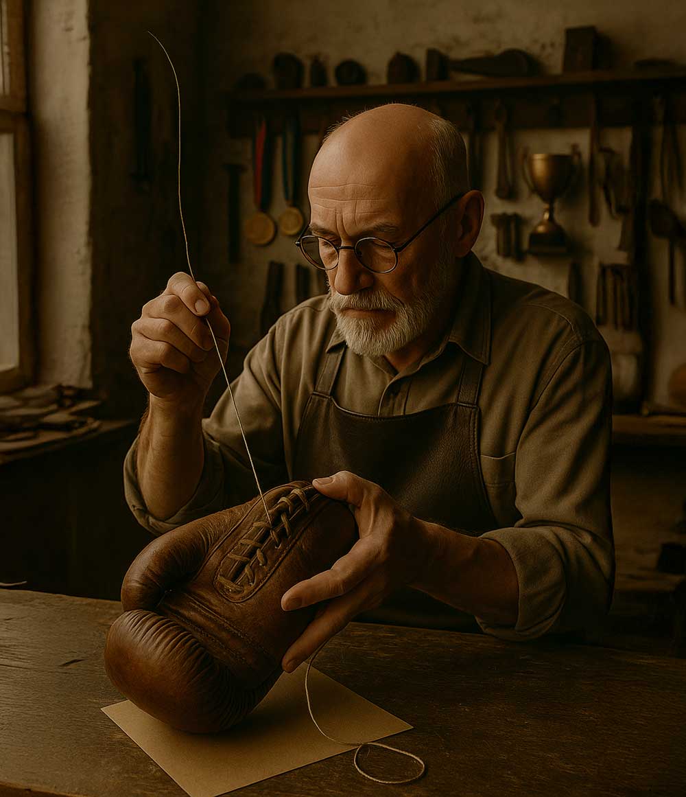 Skilled artisan repairing a boxing glove in a rustic workshop, showcasing craftsmanship in boxing gear.