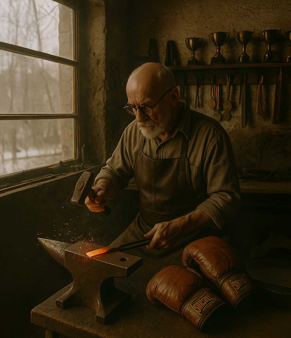 An experienced blacksmith forging metal next to boxing gloves in a rustic workshop, highlighting craftsmanship and strength.
