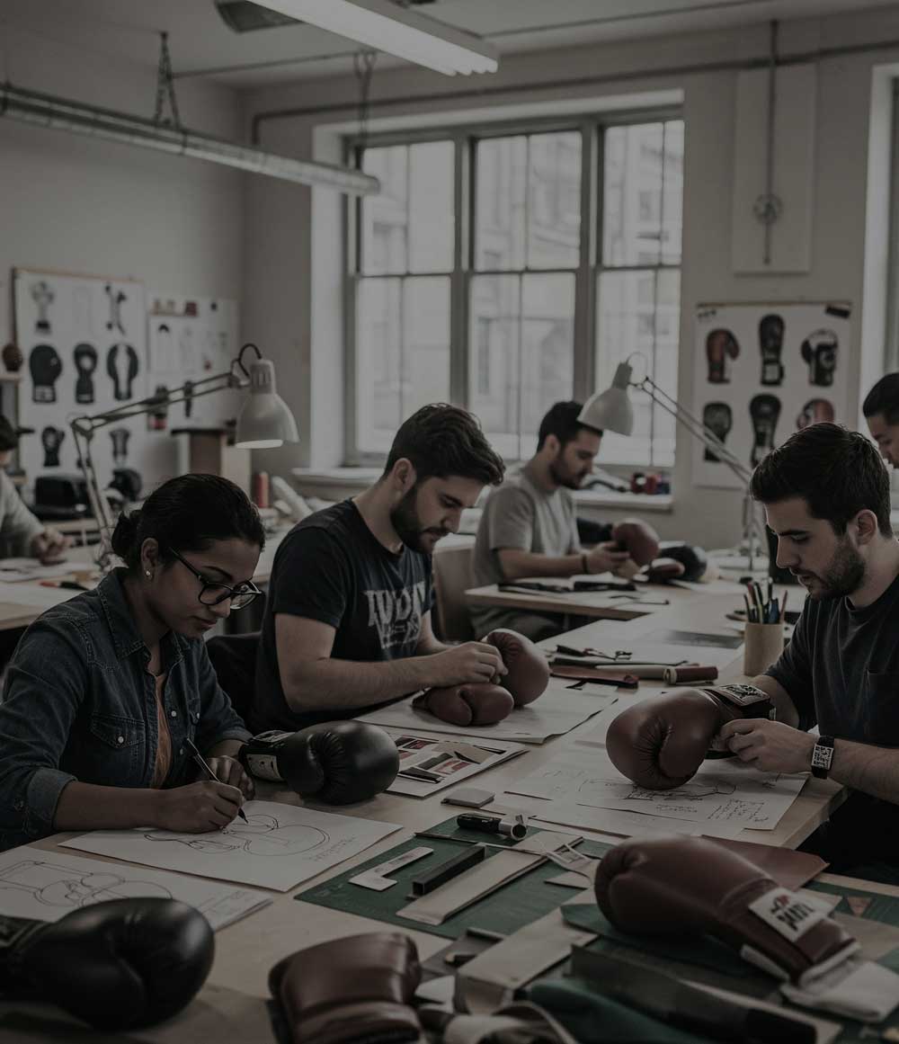 Designers collaborating on boxing glove concepts, showcasing BJJ and Boxing styles at Paragon x Superare x Ronin.