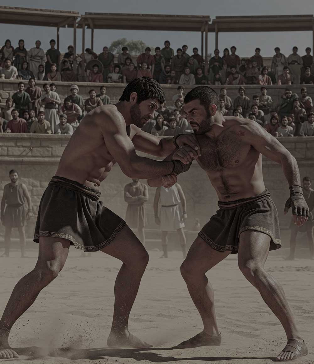 Two shirtless fighters engaged in a wrestling match in an arena, showcasing BJJ and boxing techniques.