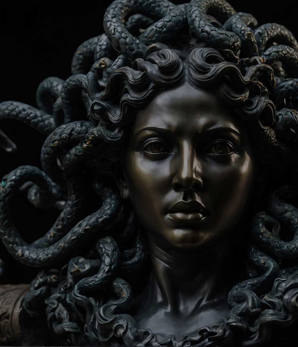 Detailed black sculpture of Medusa featuring serpents as hair, capturing an intense expression.