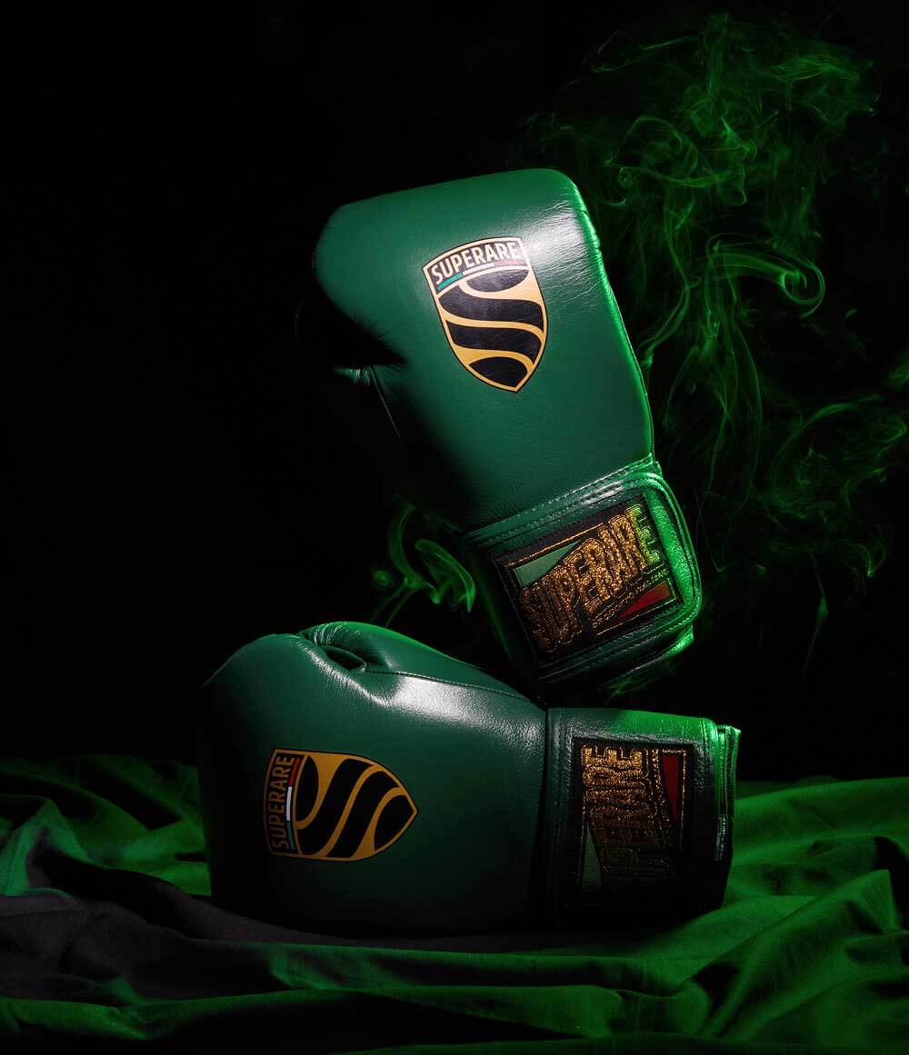Green Superare boxing gloves with logo, representing BJJ and Boxing - Paragon x Superare x Ronin.