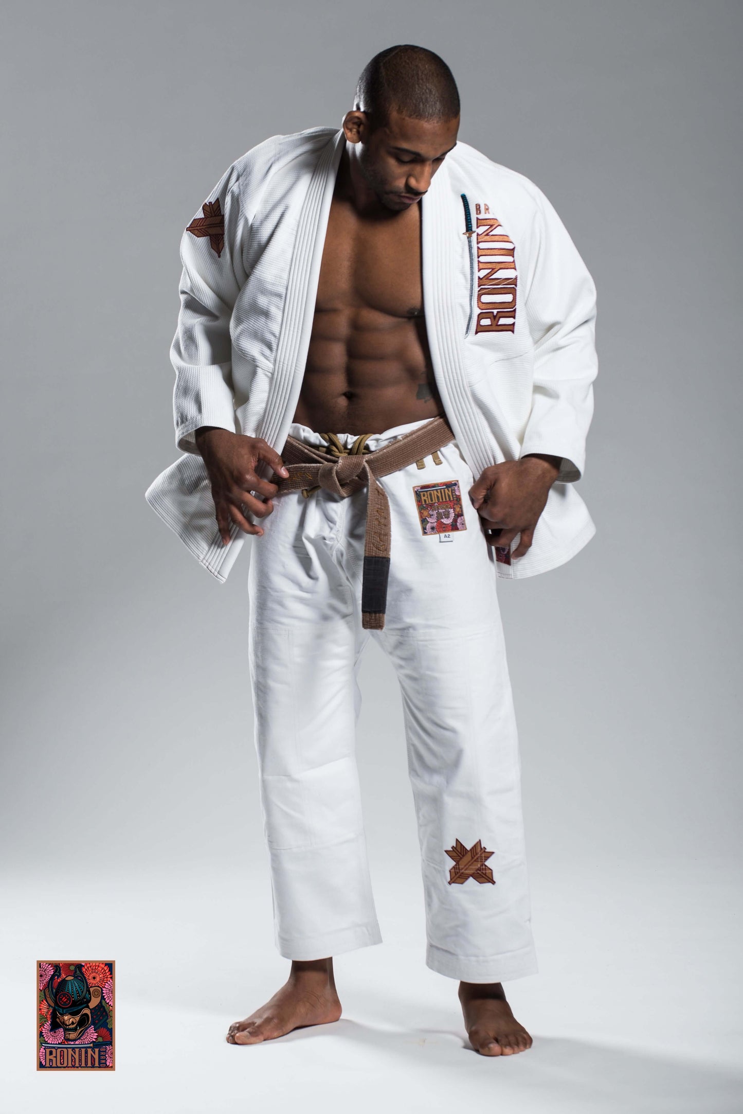 Roninbrand Emperor BJJ Gi in white, designed for ultimate comfort and performance in Brazilian Jiu Jitsu.