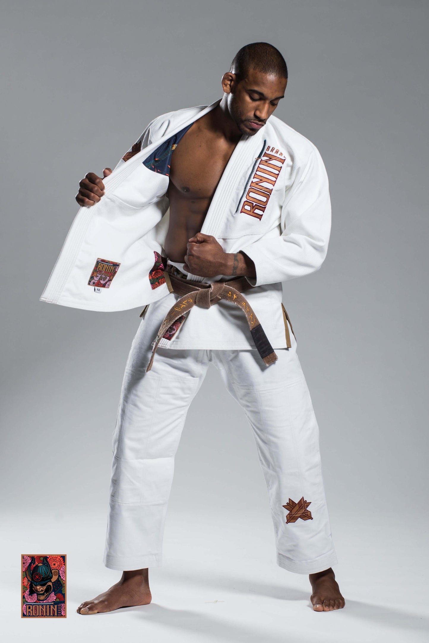 Roninbrand Emperor BJJ Gi in white, designed for ultimate comfort and grappling performance in Brazilian Jiu Jitsu.