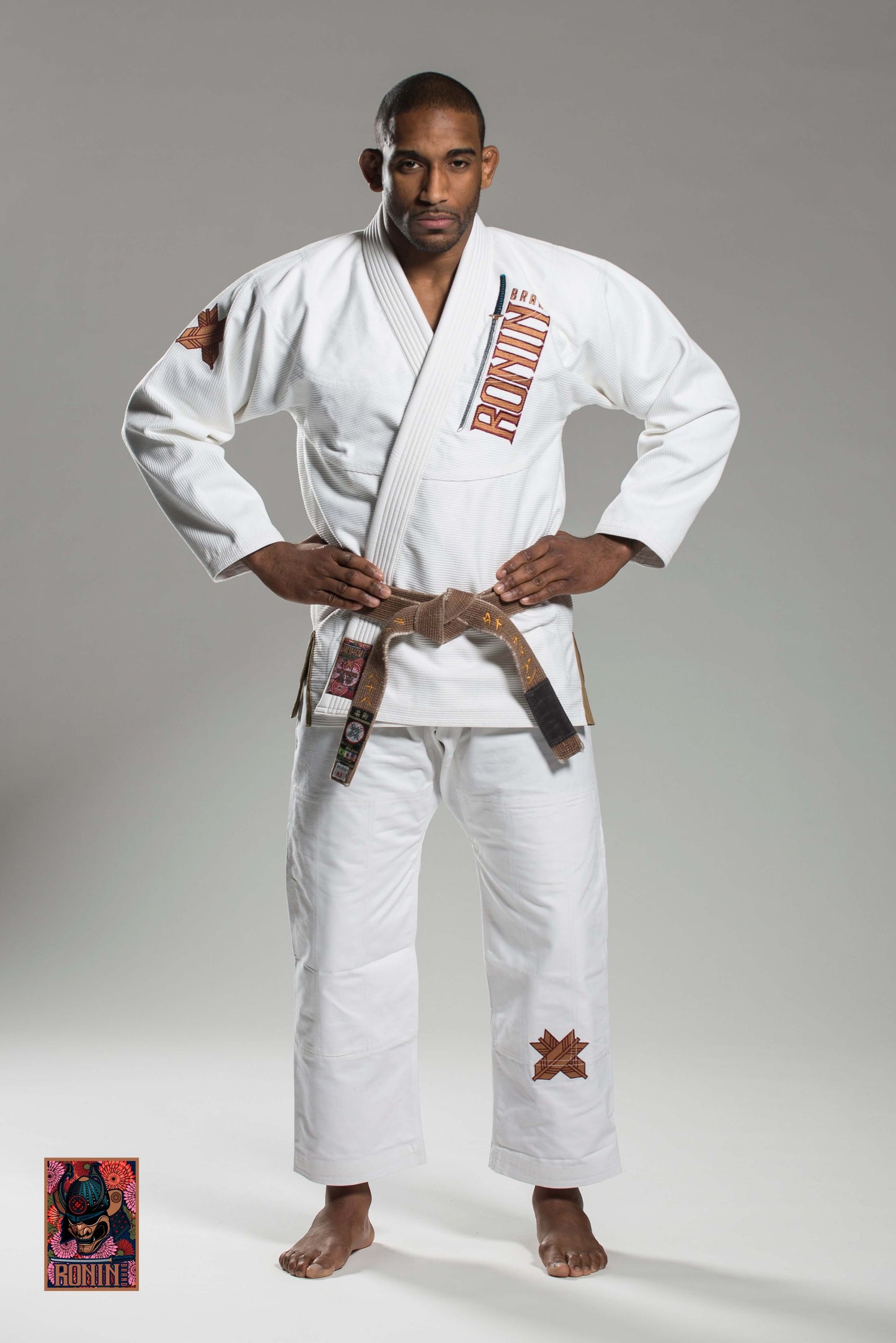 Roninbrand Emperor BJJ Gi in white, designed for comfort and performance in Brazilian Jiu Jitsu, ideal for combat training.