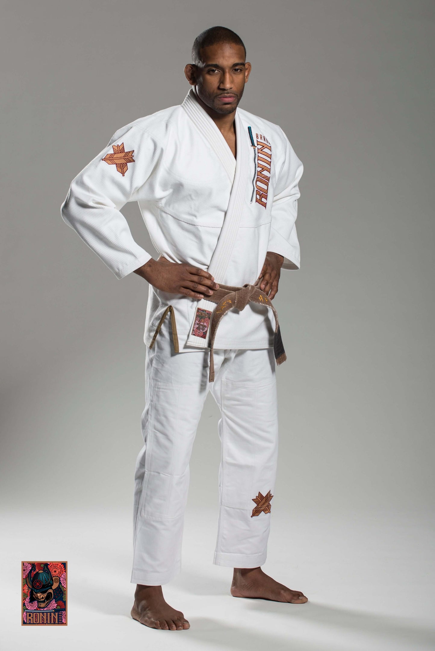 Roninbrand Emperor BJJ Gi in white, designed for optimal comfort and performance in Brazilian Jiu Jitsu.