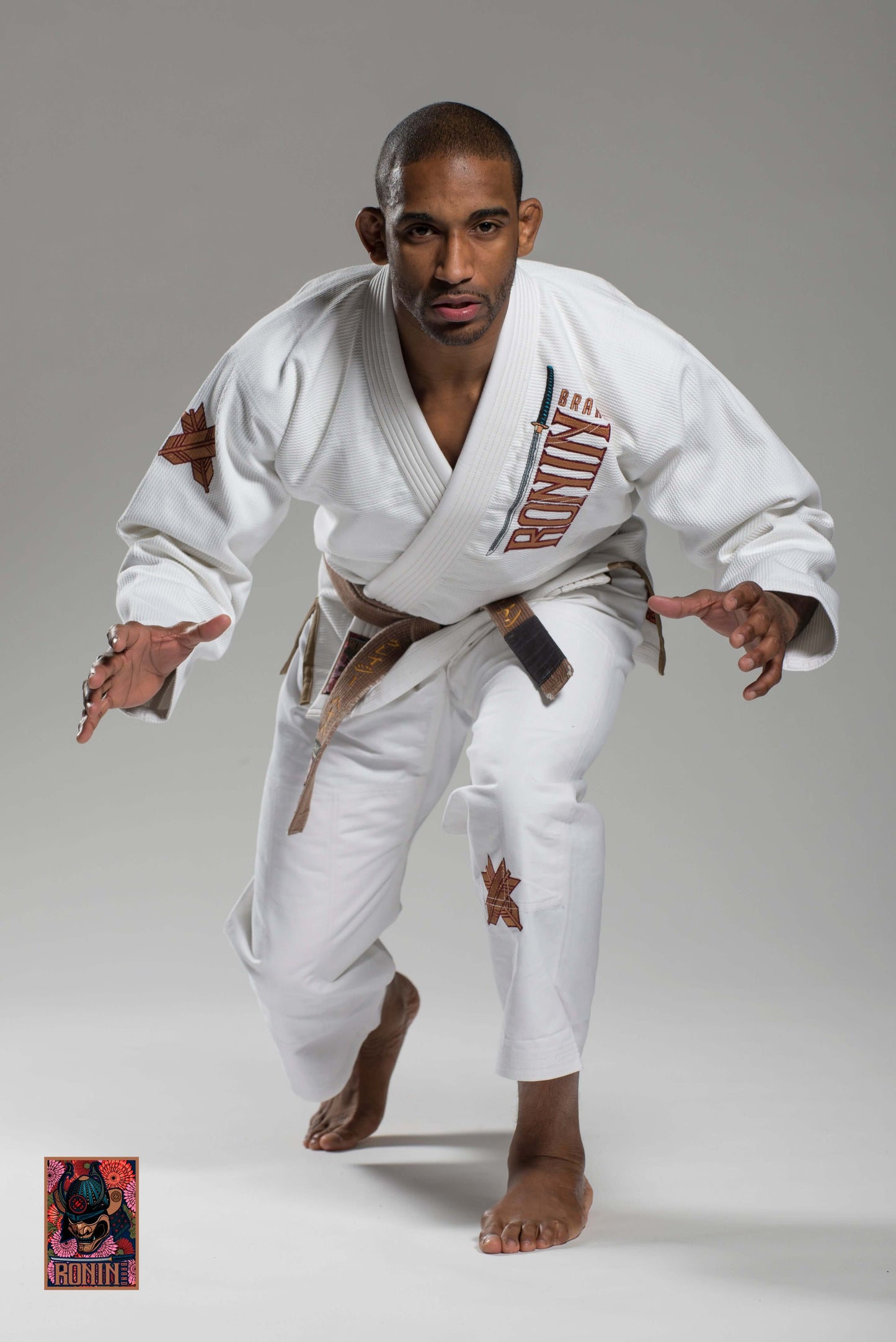 Roninbrand Emperor BJJ Gi in white, designed for comfort and technique, ideal for Brazilian Jiu Jitsu training.