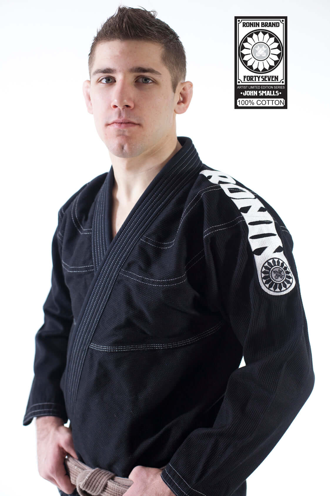Roninbrand 47 BJJ Gi in black, showcasing style and comfort for professional fighters, designed in America.