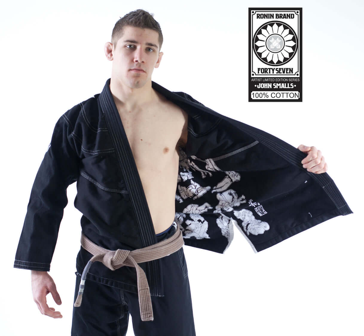 Model wearing Roninbrand 47 BJJ Gi in black, showcasing design and comfort—ideal for Brazilian Jiu Jitsu fighters.