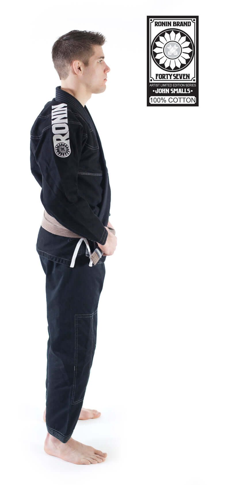 Roninbrand 47 BJJ Gi in black, showcasing a side view, made of 100% cotton for superior comfort and fit.