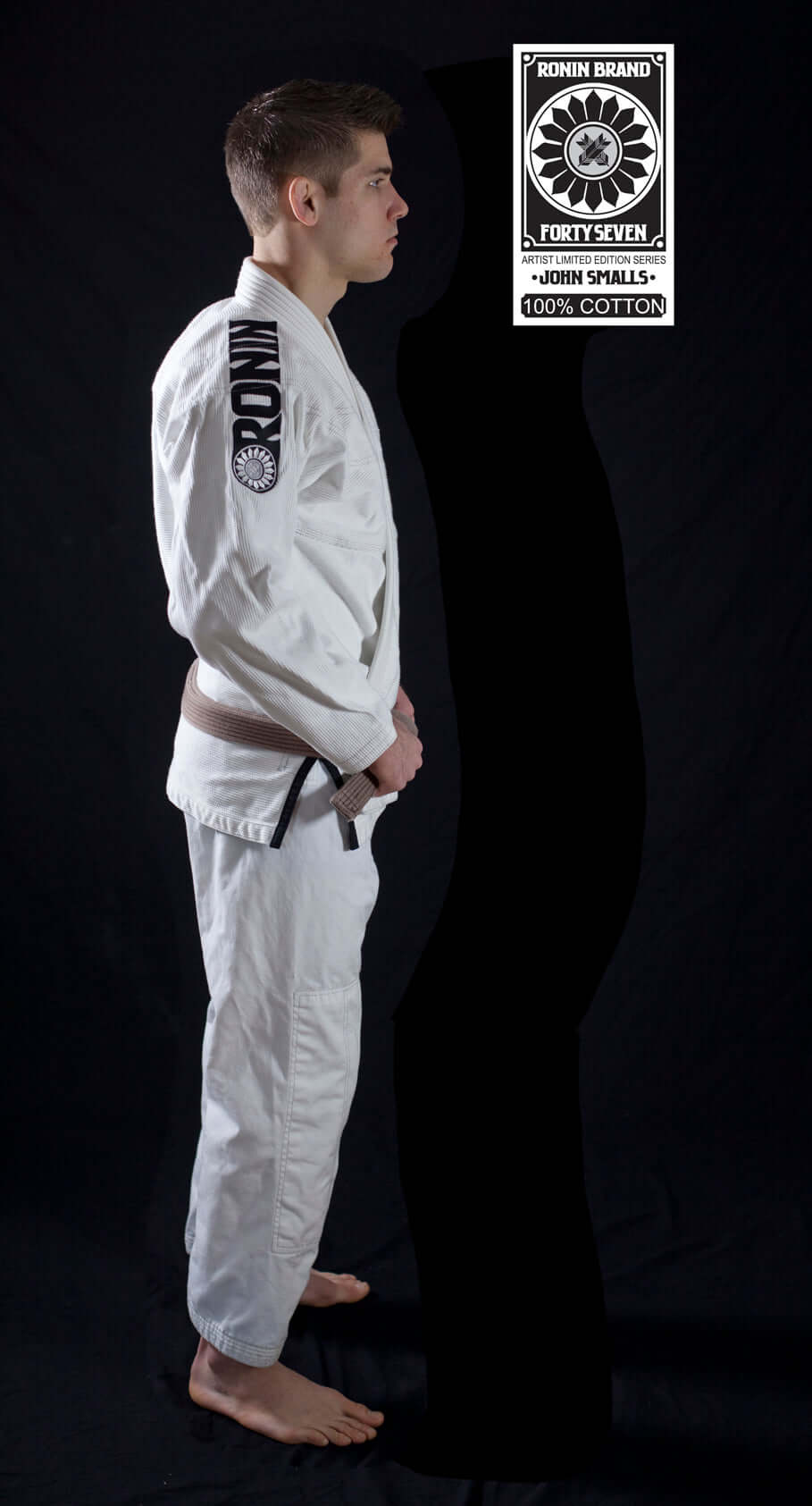 Roninbrand 47 BJJ Gi in white, showcasing fit and style, honoring the legacy of samurai, designed for Brazilian Jiu Jitsu fighters.