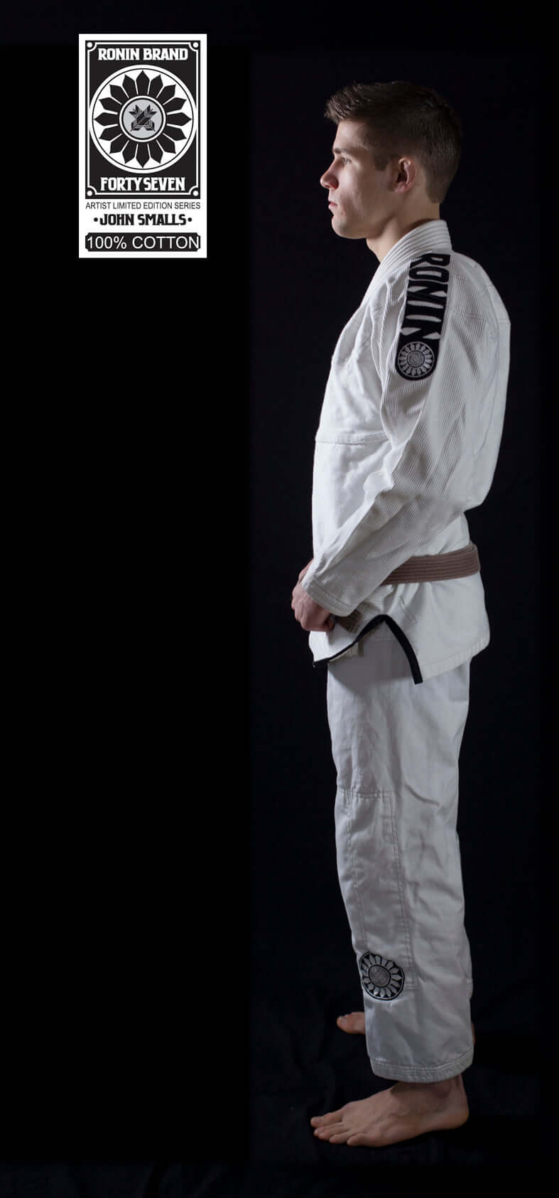 Roninbrand 47 BJJ Gi in white, side view, showcasing premium fabric and design, a tribute to legendary samurai.
