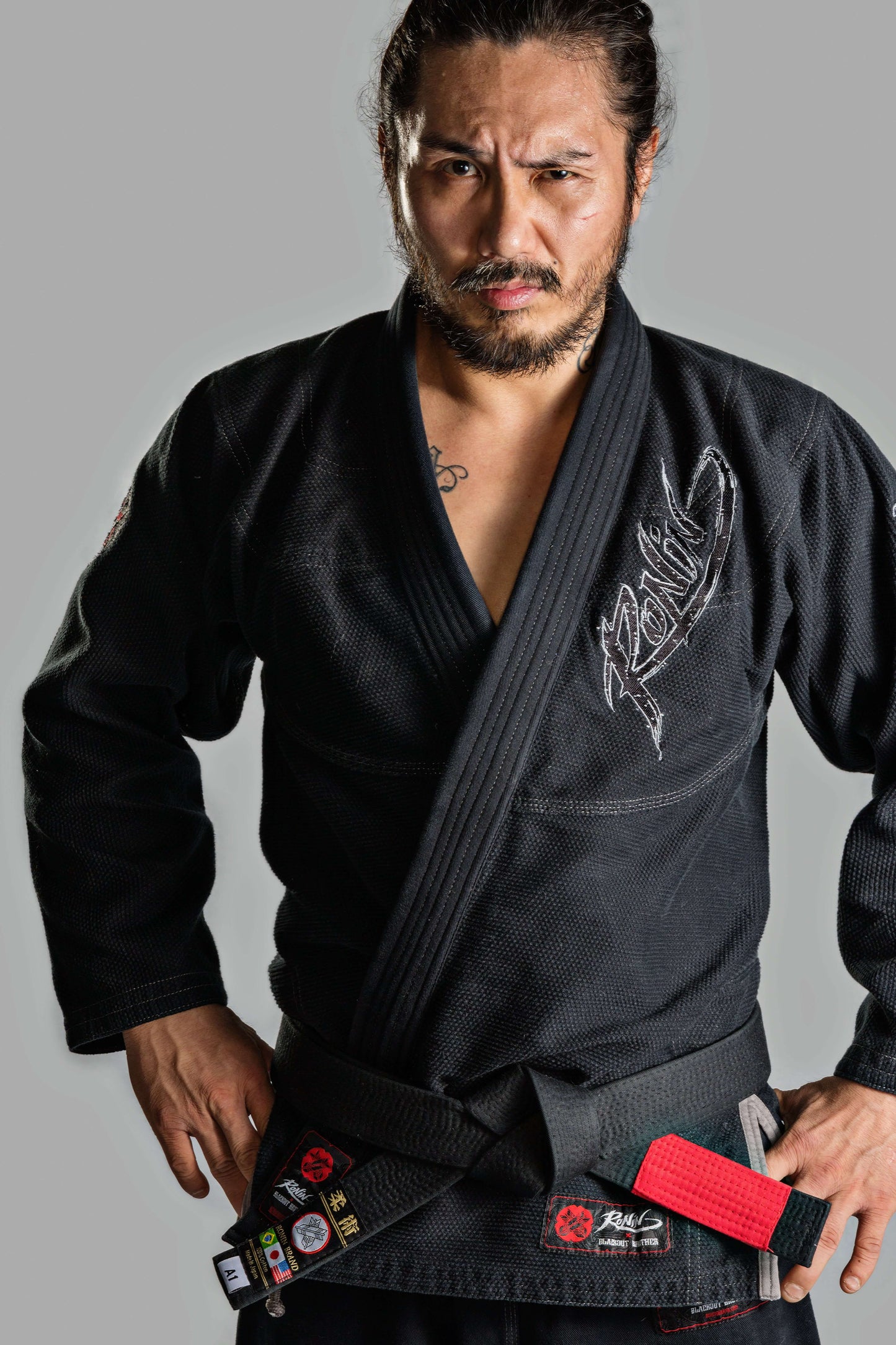 Man wearing Roninbrand Samurai Ghost BJJ Gi in black, showcasing professional Brazilian Jiu Jitsu gear designed for comfort and performance.