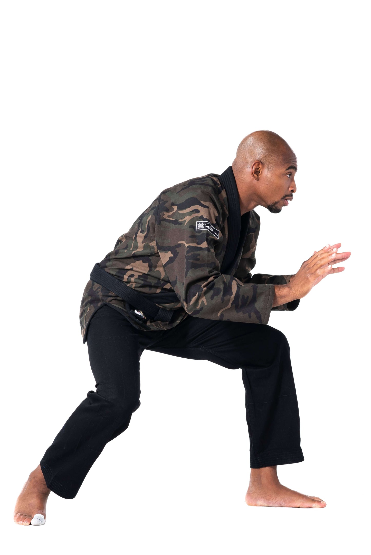 Roninbrand Camo BJJ Gi in green, designed for Brazilian Jiu Jitsu combat, offering comfort and flexibility for grappling techniques.