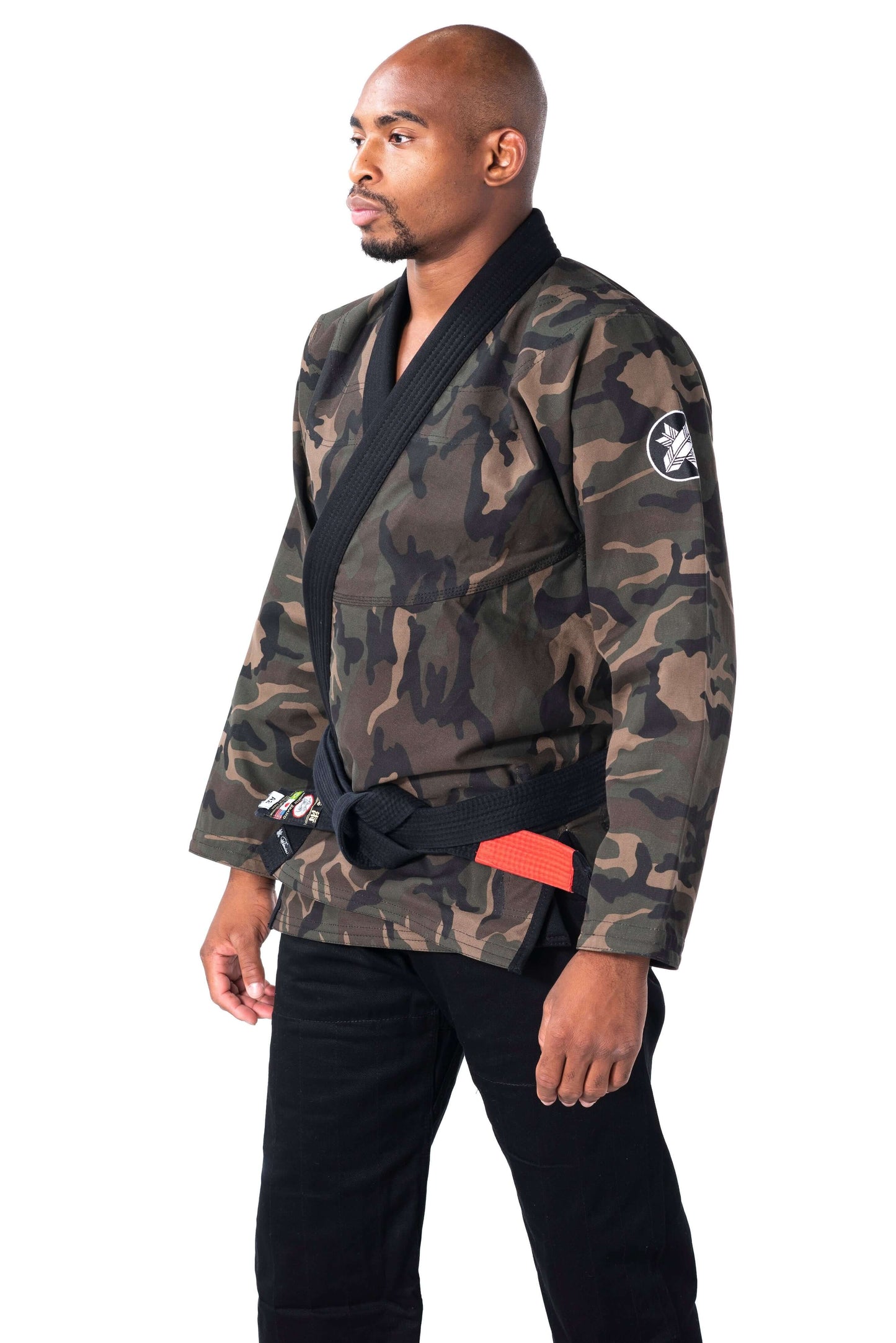 Roninbrand Camo BJJ Gi in green worn by athlete, designed for comfort in Brazilian Jiu Jitsu combat and grappling.