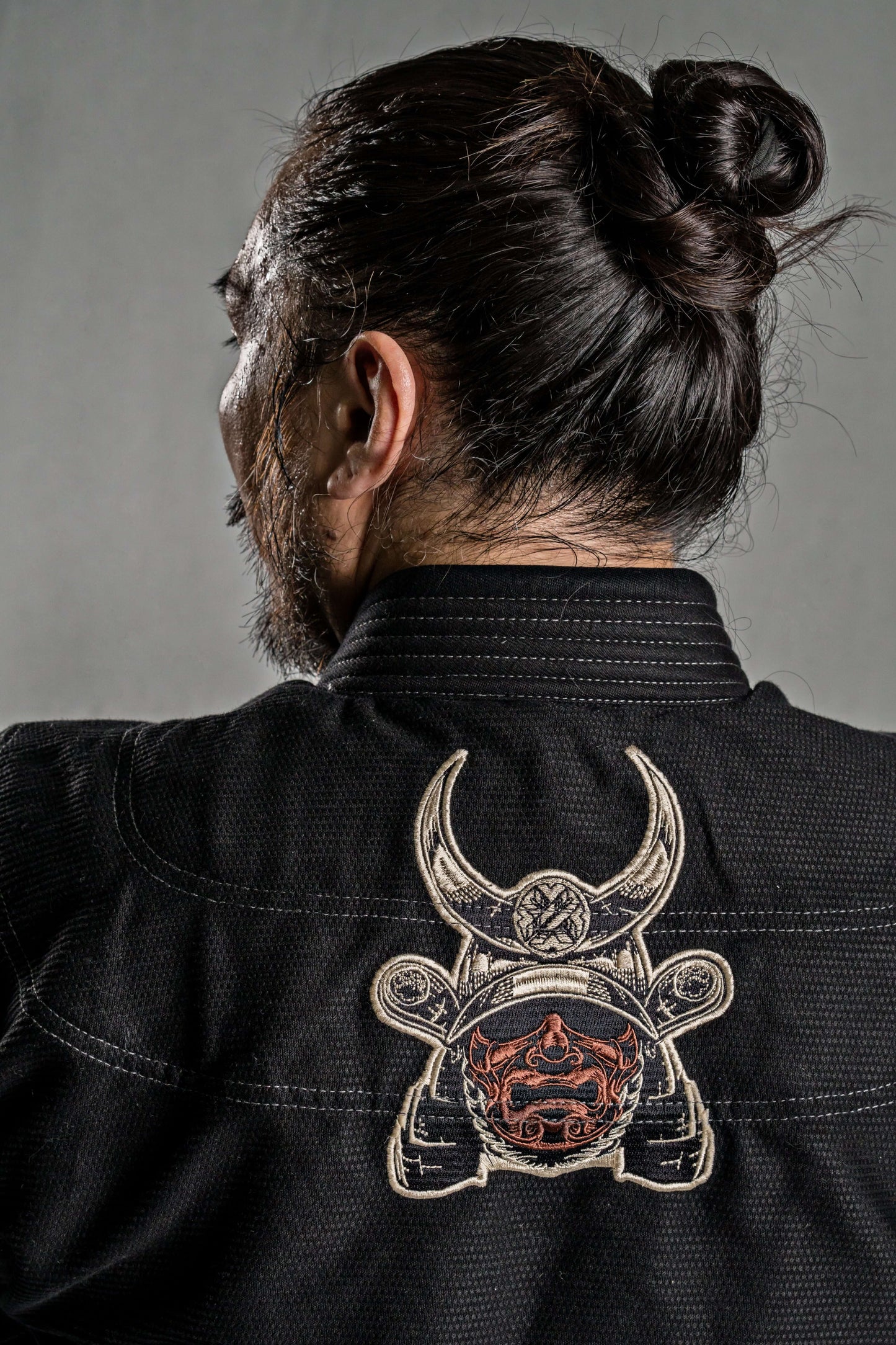 Close-up of the back of Roninbrand Kurosawa BJJ Gi, featuring a samurai design, showcasing honor and warrior spirit.