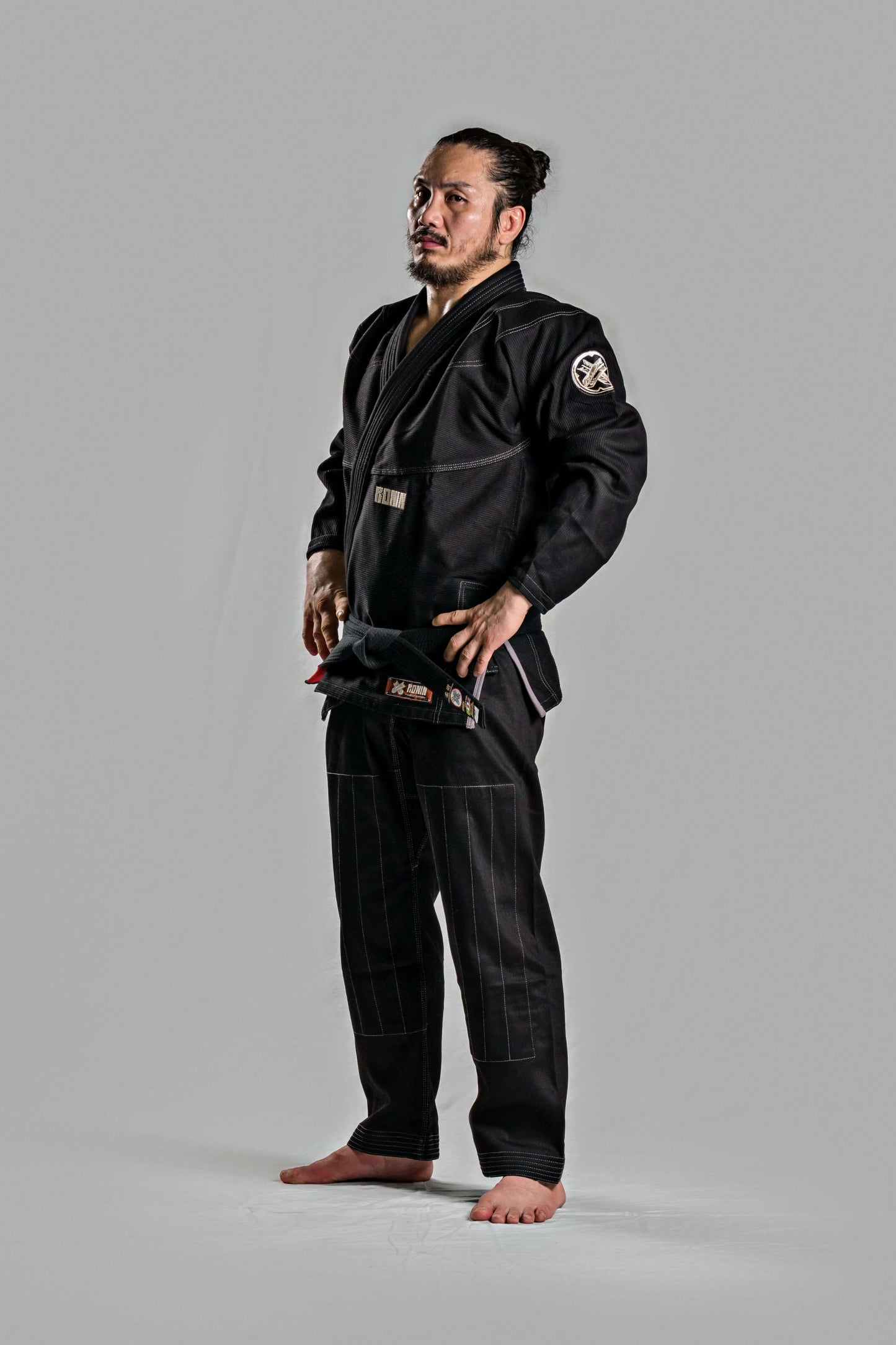 Roninbrand Kurosawa BJJ Gi in black, designed for comfort and fit for serious Brazilian Jiu Jitsu fighters.