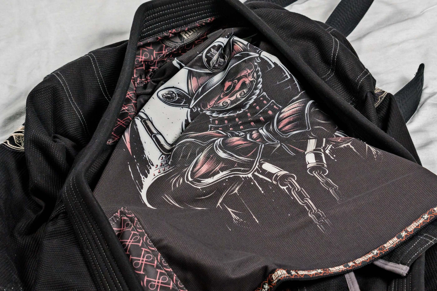 Interior view of Roninbrand Kurosawa BJJ Gi showcasing artistic design inspired by samurai legends.