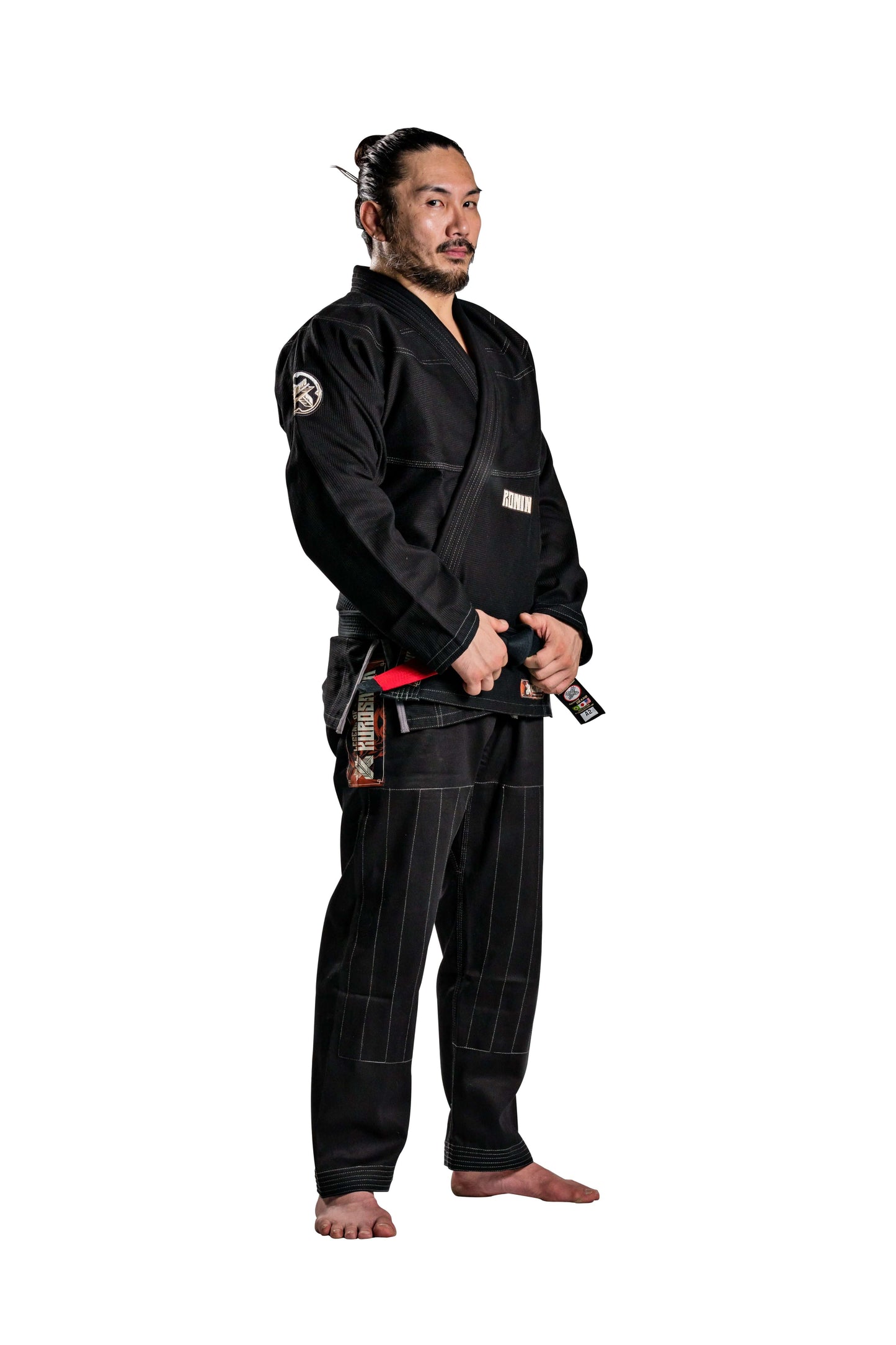 Roninbrand Kurosawa BJJ Gi in black, showcasing a fighter ready for action, designed for comfort and performance.