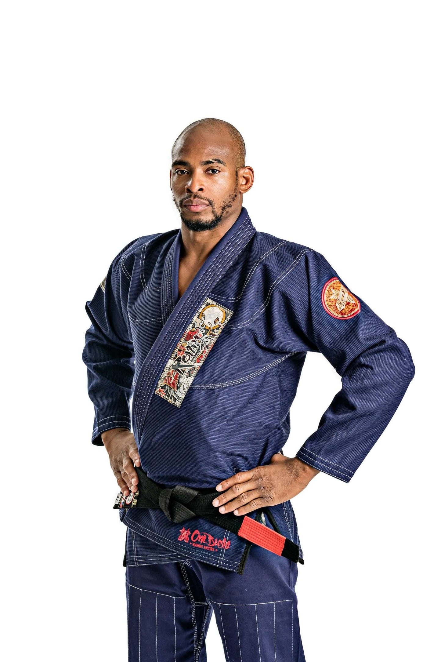 Model showcasing the Roninbrand Oni Bushi Navy BJJ Gi, designed for ultimate comfort and fit in Brazilian Jiu Jitsu.