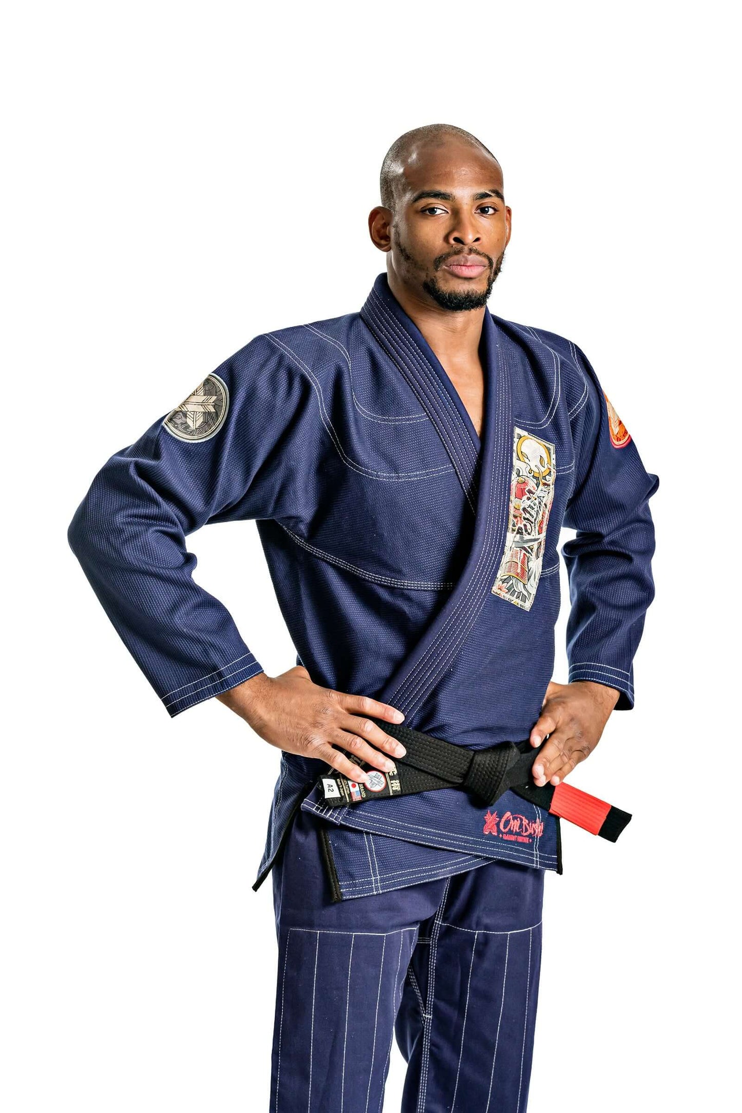 Man wearing Roninbrand Oni Bushi Navy BJJ gi, showcasing comfort and fit for elite Brazilian Jiu Jitsu performance.