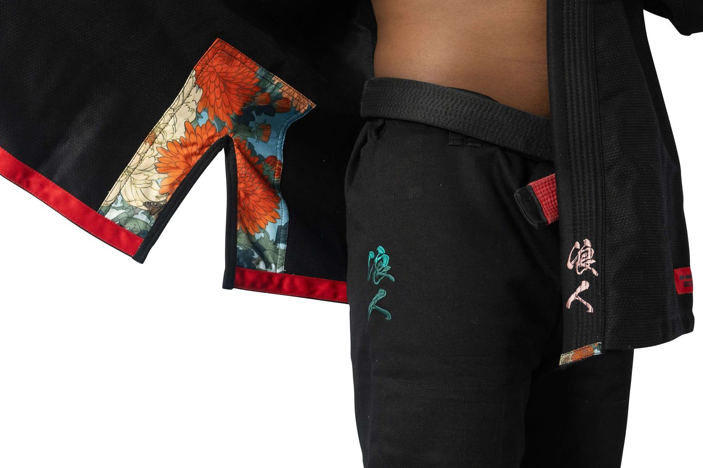 Close-up of Roninbrand Shinsei Yūgure BJJ Gi in black, showcasing intricate embroidery and design details.