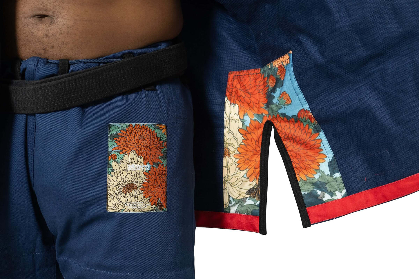 Roninbrand Shinsei Yūgure BJJ Gi Navy showcasing intricate floral embroidery and premium craftsmanship for Brazilian Jiu Jitsu combat.