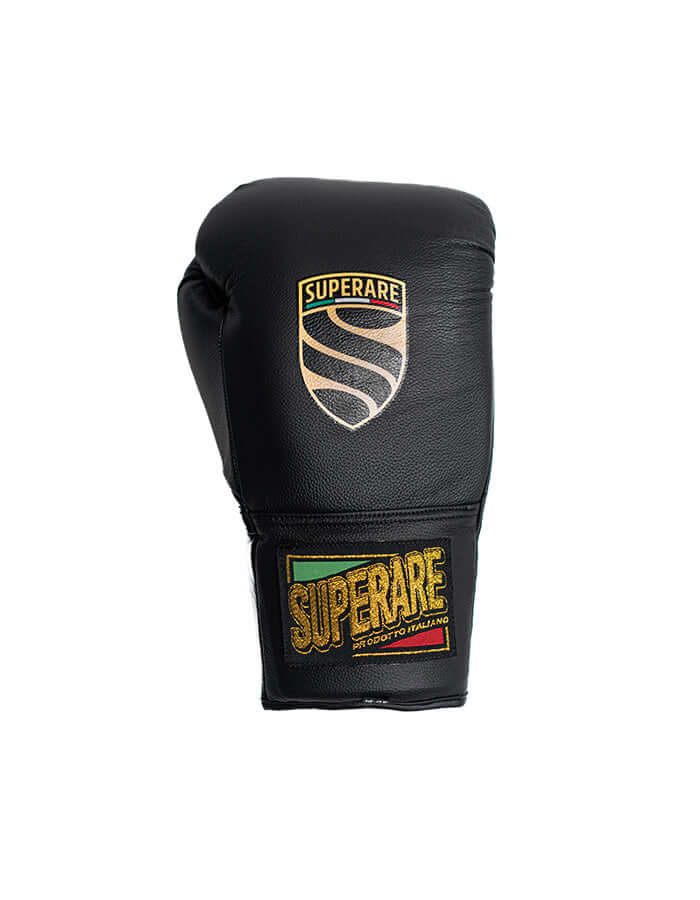 Superare S50 Matte Black boxing glove, handmade in Italy with full grain leather, ideal for professional boxers.