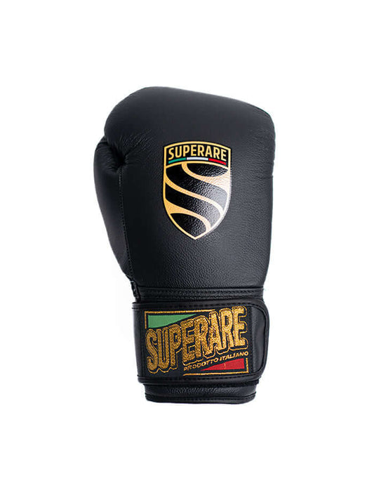 Superare S50 boxing glove in matte black, handmade in Italy for elite fighters, featuring real leather and precision design.