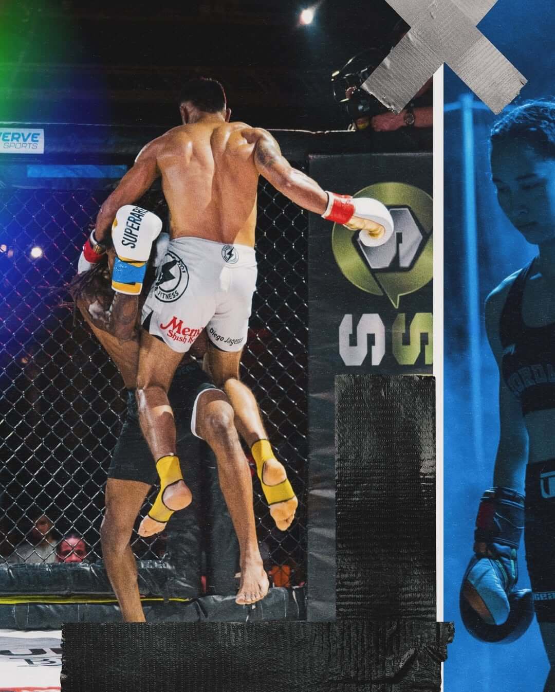 Professional Boxing Gloves during an intense MMA match, showcasing athletes in action inside the octagon.