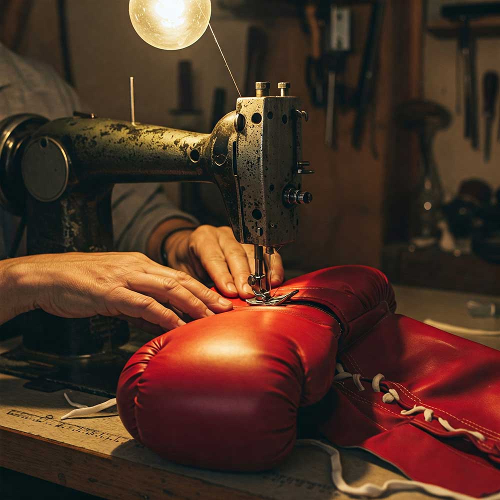 Crafting fight gear with precision, a seamstress sews red boxing gloves on a vintage sewing machine.