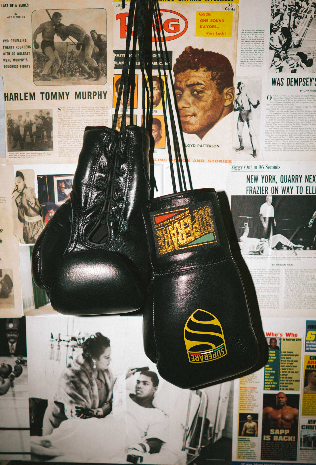 Boxing gloves hanging on a wall with boxing history articles in the background.