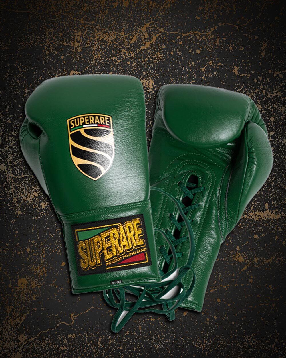 Boxing gloves in green color with Superrare branding on a textured background.