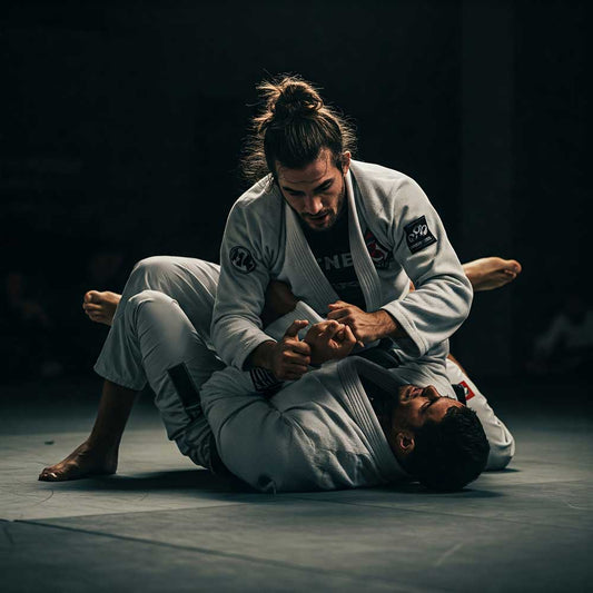 Two martial artists training in Brazilian jiu-jitsu, showcasing fight gear for optimal performance.