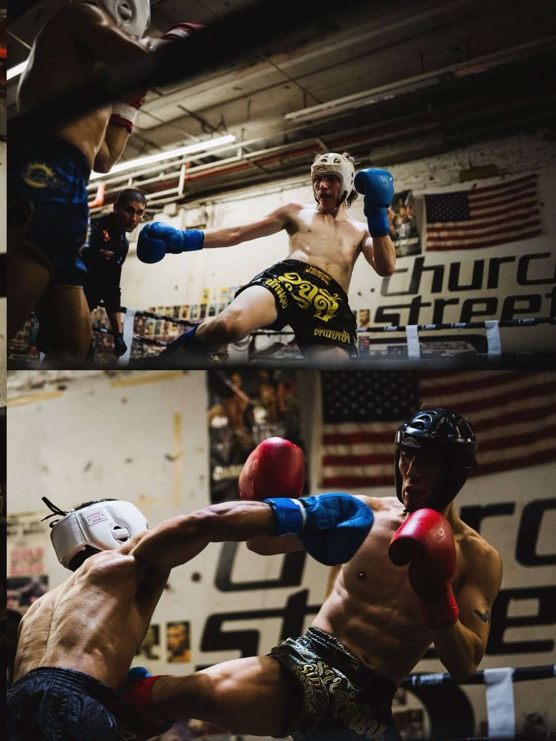 Intense boxing match featuring fighters exchanging powerful punches in a training gym.