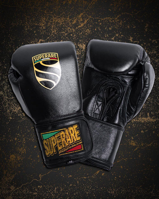 Superare boxing gloves with black leather design and logo, symbolizing the spirit of champions.