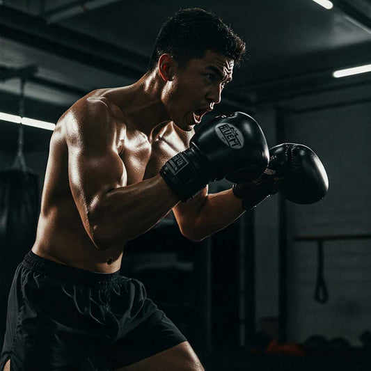 A muscular martial artist in boxing gloves training intensely in a gym setting.