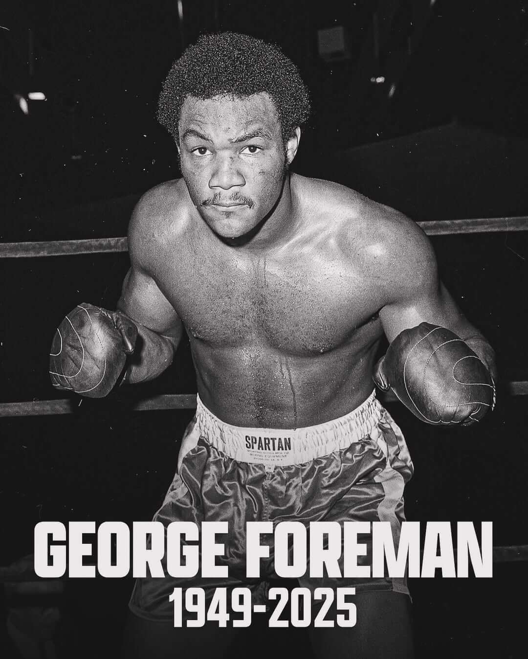 George Foreman boxing in ring, showcasing strength and athleticism, 1949-2025, tribute to a boxing legend.
