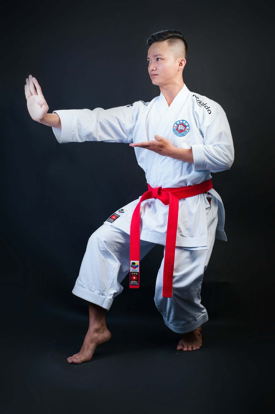 Karate practitioner demonstrating Fight techniques in a traditional uniform with a red belt.