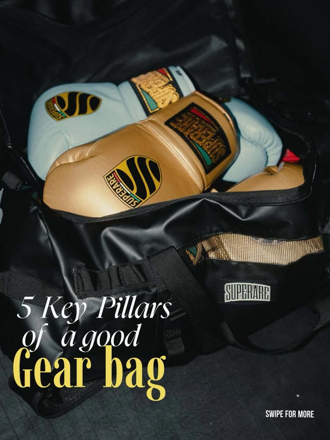 Fight Gear: Overview of training gloves inside a gear bag highlighting key pillars for fighters.
