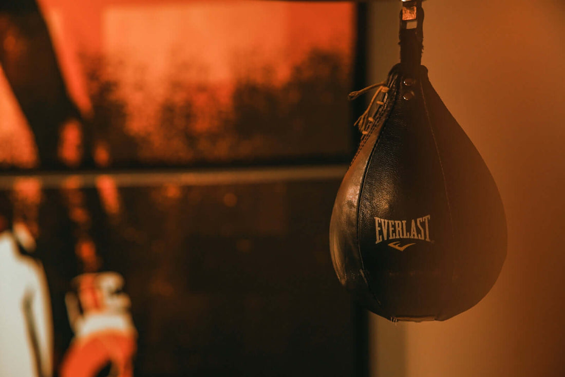 Close-up of an Everlast speed bag, symbolizing the fight and training in boxing.