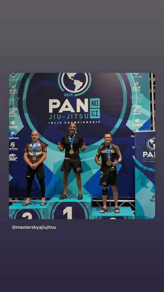 Martial Arts competitors on the podium at the 2025 PAN No-Gi Jiu-Jitsu Championships.