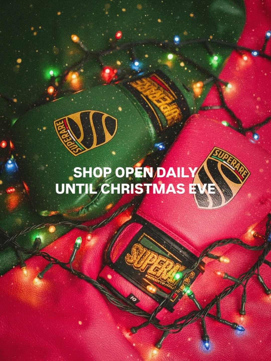 Martial Arts gloves in festive colors with Christmas lights, perfect for training and holiday shopping.