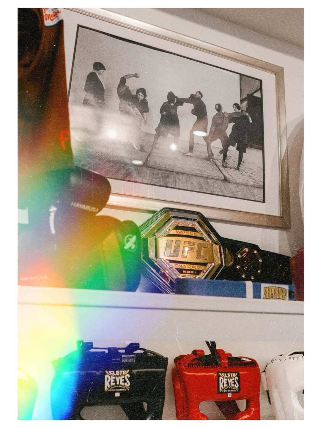 Display of boxing gear including Cleto Reyes gloves and UFC championship belt on a shelf.
